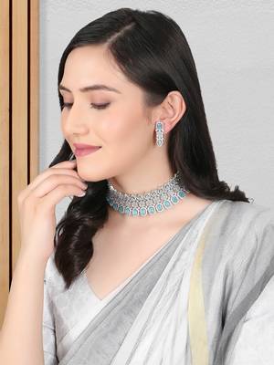 Rhodium-plated cz mint stone-studded handcrafted jewellery set 4
