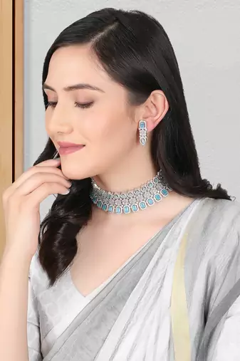 Rhodium-plated cz mint stone-studded handcrafted jewellery set