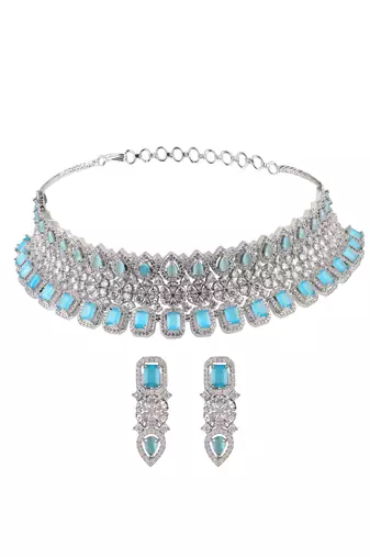 Rhodium-plated cz mint stone-studded handcrafted jewellery set