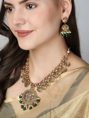 Gold-plated stone & pearl peacock design jewellery set 1