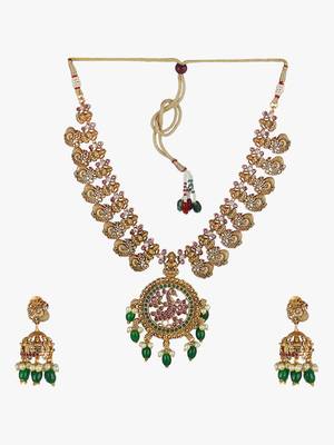 Gold-plated stone & pearl peacock design jewellery set 2