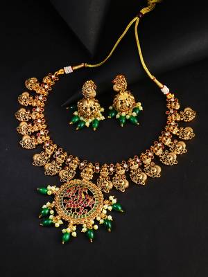 Gold-plated stone & pearl peacock design jewellery set 5