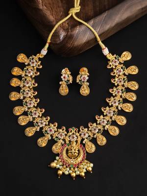 Gold-plated godess-temple with stone & pearl antique jewellery set 2