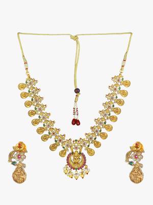 Gold-plated godess-temple with stone & pearl antique jewellery set 4