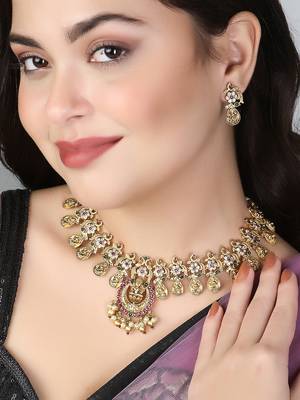 Gold-plated godess-temple with stone & pearl antique jewellery set 5
