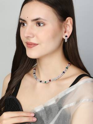 Rodium-plated stone -studded necklace & earring set 5