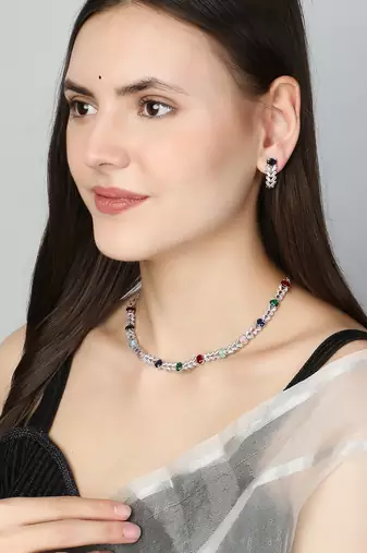 Rodium-plated stone -studded necklace & earring set