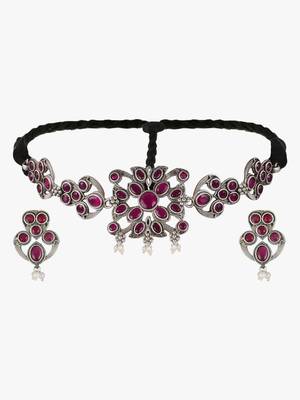 Oxidized stone-studded pearl-beaded choker and earrings set 2