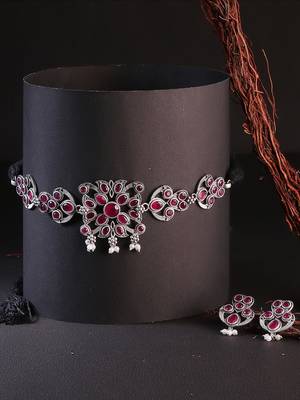 Oxidized stone-studded pearl-beaded choker and earrings set 3