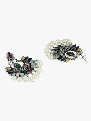 Oxidized stone-studded pearl-tessel necklace and earrings set 2