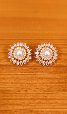 Yellow Gold Brass Pink Faux Pearl and CZ Diamond Stud Earrings 3