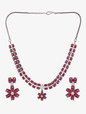 Gold-plated silver-toned  pink stone-studded handcrafted jewellery set 2