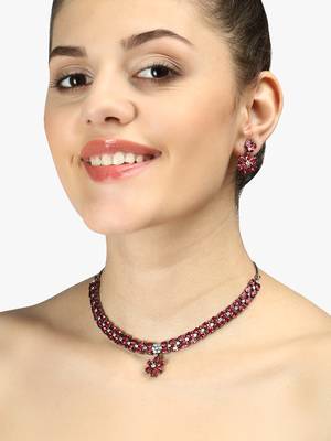 Gold-plated silver-toned  pink stone-studded handcrafted jewellery set 3
