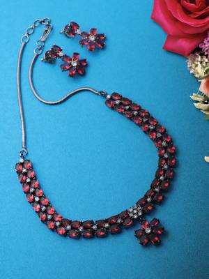 Gold-plated silver-toned  pink stone-studded handcrafted jewellery set 1