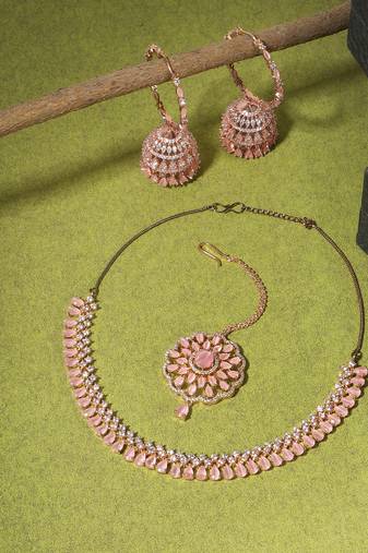24-ct rose gold-plated white  pink cz-studded jewellery set