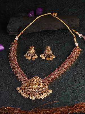 Gold-plated godess-temple pearl-beaded necklace and earrings set 1