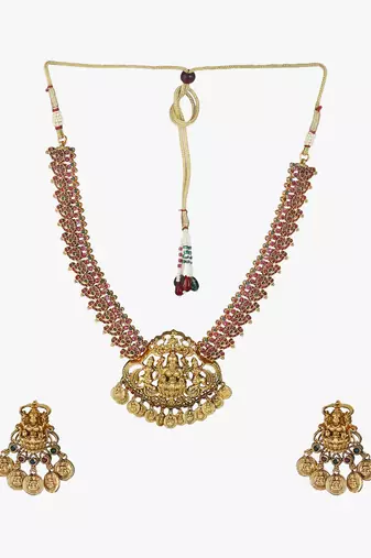 Gold-plated godess-temple pearl-beaded necklace and earrings set