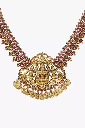 Gold-plated godess-temple pearl-beaded necklace and earrings set