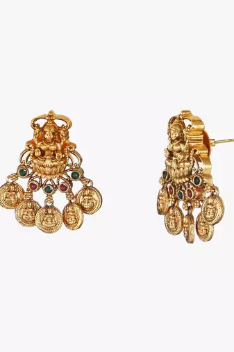 Gold-plated godess-temple pearl-beaded necklace and earrings set