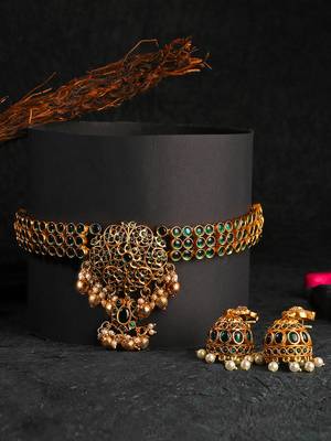 Gold-plated green stone-studded chocker and earrings set 1