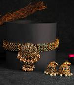 Gold-plated green stone-studded chocker and earrings set