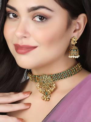 Gold-plated green stone-studded chocker and earrings set 2