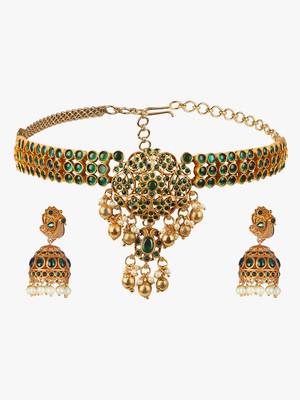 Gold-plated green stone-studded chocker and earrings set 3