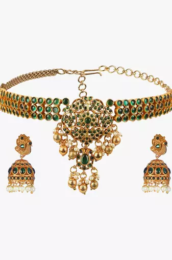 Gold-plated green stone-studded chocker and earrings set