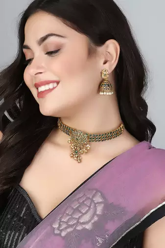 Gold-plated green stone-studded chocker and earrings set