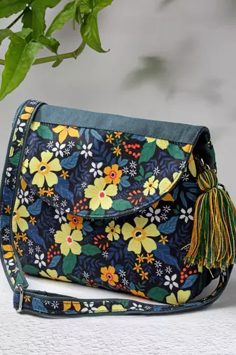 rangoli green & multi floral printed polycotton sling bag