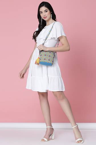 rangoli blue, yellow & multi graphic printed polycotton sling bag