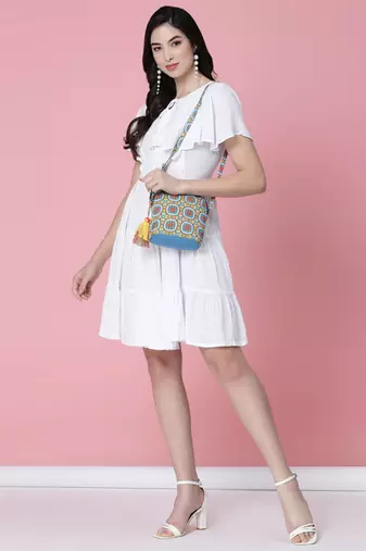 rangoli blue, yellow & multi graphic printed polycotton sling bag