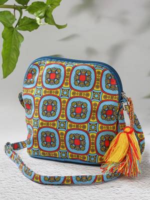rangoli blue, yellow & multi graphic printed polycotton sling bag 2