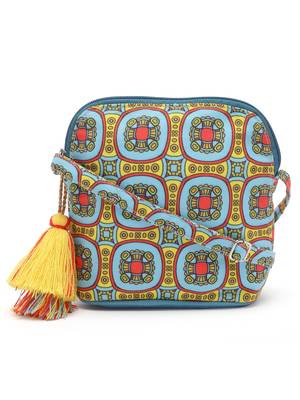 rangoli blue, yellow & multi graphic printed polycotton sling bag 3