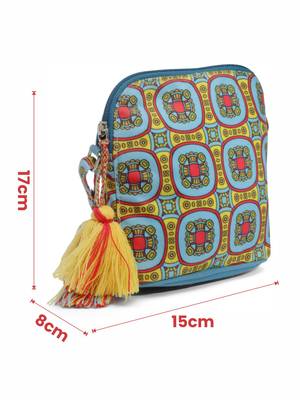 rangoli blue, yellow & multi graphic printed polycotton sling bag 4