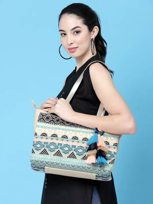 tribal beige & multi ethnic motifs jacquard cotton lurex tote bag 1