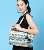 tribal beige & multi ethnic motifs jacquard cotton lurex tote bag