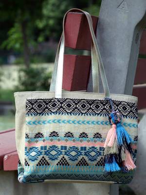 tribal beige & multi ethnic motifs jacquard cotton lurex tote bag 2