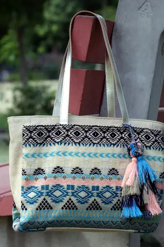 tribal beige & multi ethnic motifs jacquard cotton lurex tote bag