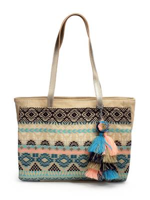 tribal beige & multi ethnic motifs jacquard cotton lurex tote bag 3