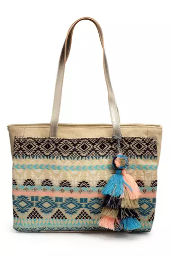 tribal beige & multi ethnic motifs jacquard cotton lurex tote bag