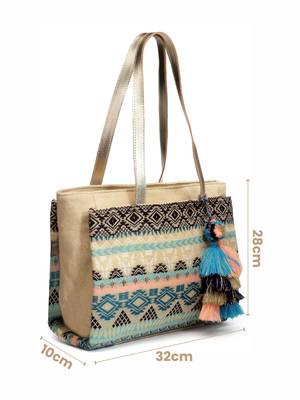 tribal beige & multi ethnic motifs jacquard cotton lurex tote bag 4