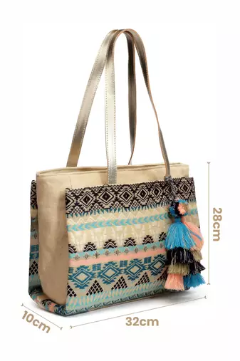 tribal beige & multi ethnic motifs jacquard cotton lurex tote bag