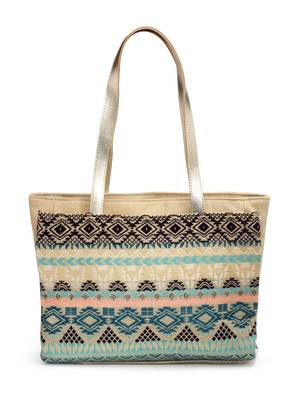 tribal beige & multi ethnic motifs jacquard cotton lurex tote bag 5