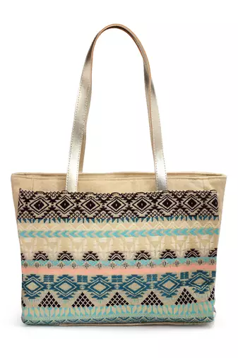 tribal beige & multi ethnic motifs jacquard cotton lurex tote bag