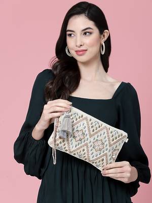 boho natural & pastel multi embellished handloom cotton sling bag 1