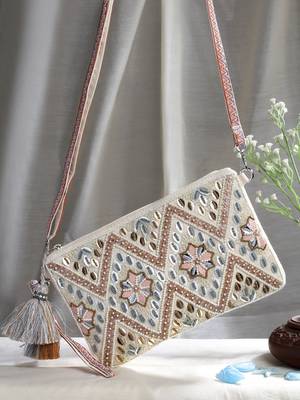 boho natural & pastel multi embellished handloom cotton sling bag 2