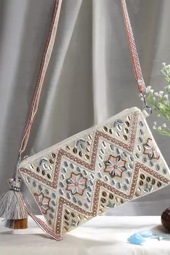 boho natural & pastel multi embellished handloom cotton sling bag