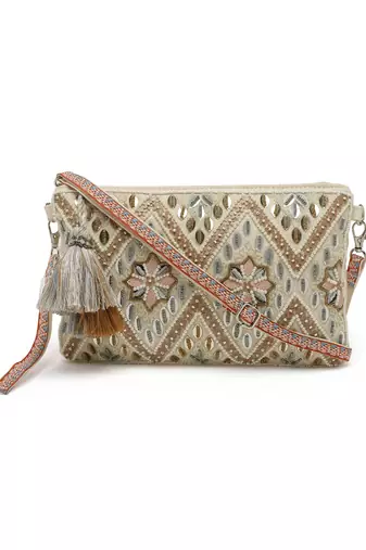 boho natural & pastel multi embellished handloom cotton sling bag