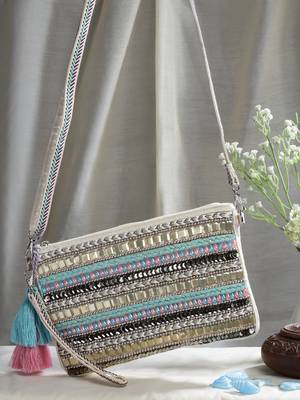 Anekaant boho natural & pastel multi striped bead work handloom cotton sling bag 2